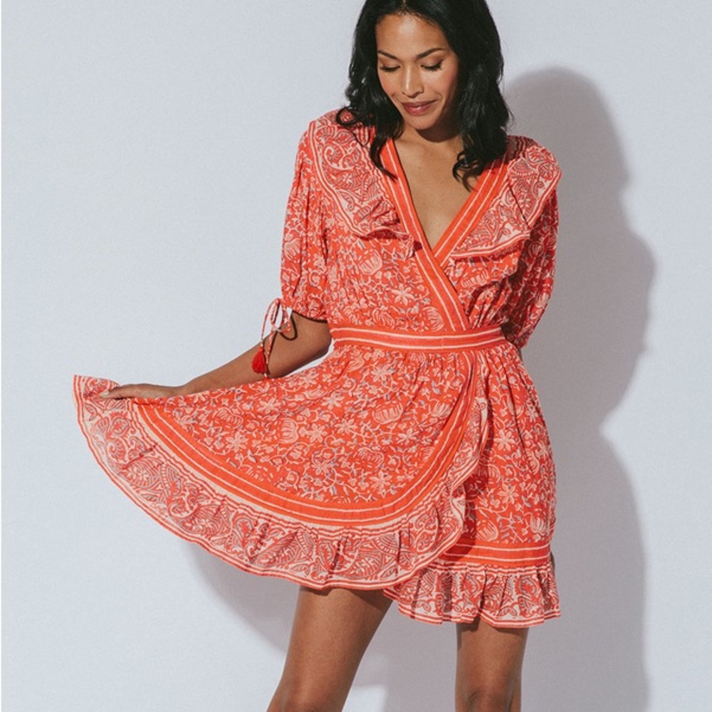 Cleobella Blair Mini Dress‎ Tassel-Cuff Ruffle Floral Paisley Coral Boho Vacay